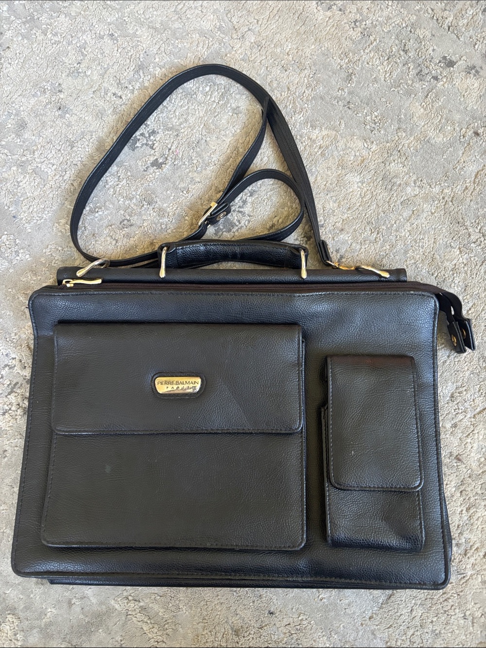 Vintage Pierre Balmain Black Leather Men's Briefcase with Gold Hardware Accents